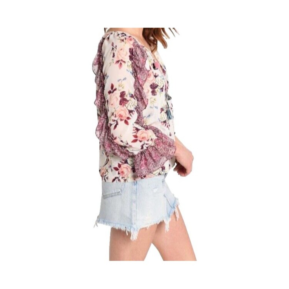 Misa Los Angeles  Sia Chiffon 3/4 Sleeve Ruffle Floral Printed Blouse Size M